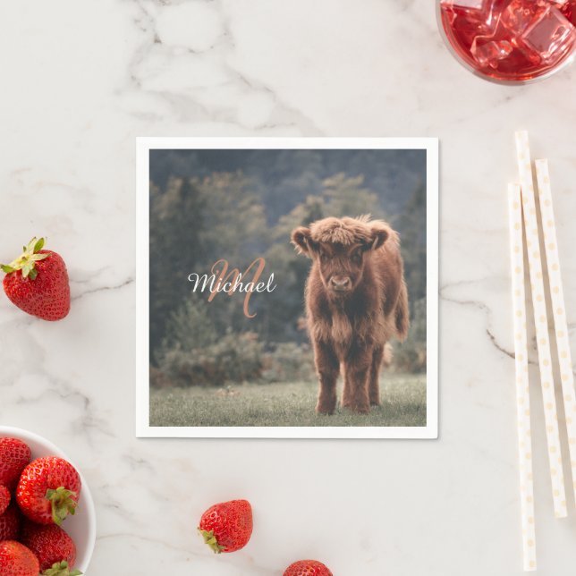 Highland cow calf autumn grass monogram initial napkins (Insitu)