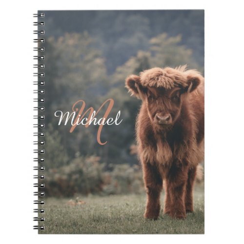 Highland cow calf autumn grass monogram initial notebook