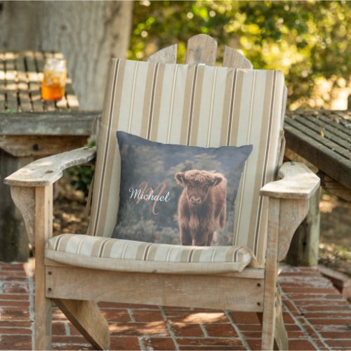 Highland cow calf autumn grass monogram initial outdoor pillow