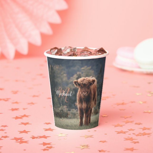 Highland cow calf autumn grass monogram initial paper cups (Insitu)