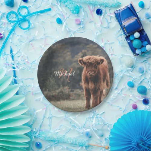 Highland cow calf autumn grass monogram initial paper plates