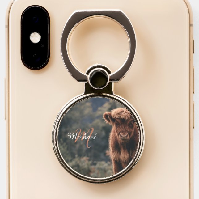 Highland cow calf autumn grass monogram initial phone ring stand (Close Up)