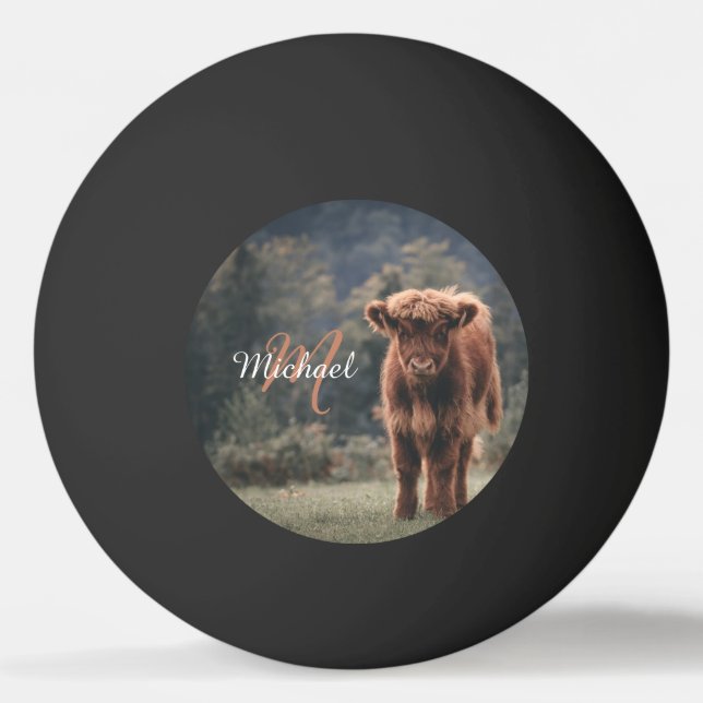 Highland cow calf autumn grass monogram initial ping pong ball (Front)