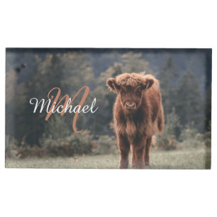 Highland cow calf autumn grass monogram initial place card holder