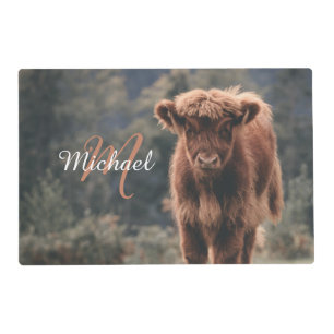 Highland cow calf autumn grass monogram initial placemat