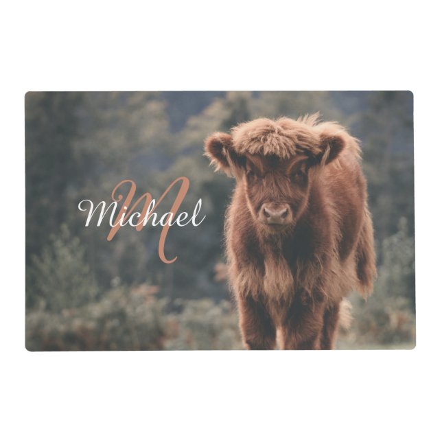 Highland cow calf autumn grass monogram initial placemat (Front)