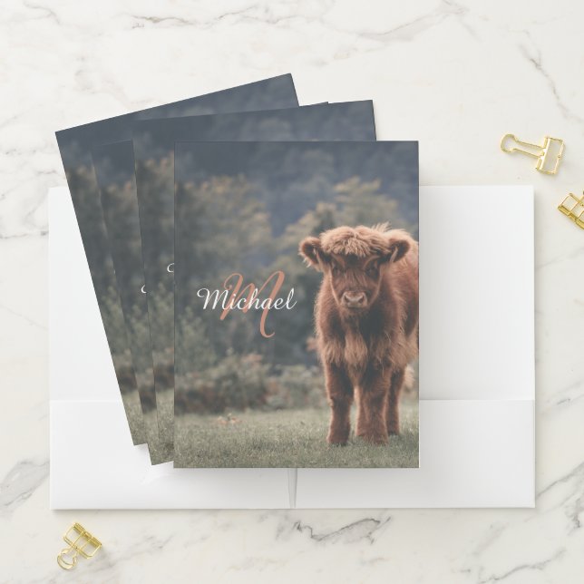 Highland cow calf autumn grass monogram initial pocket folder (In Situ)