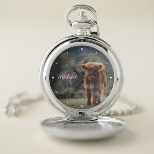 Highland cow calf autumn grass monogram initial pocket watch