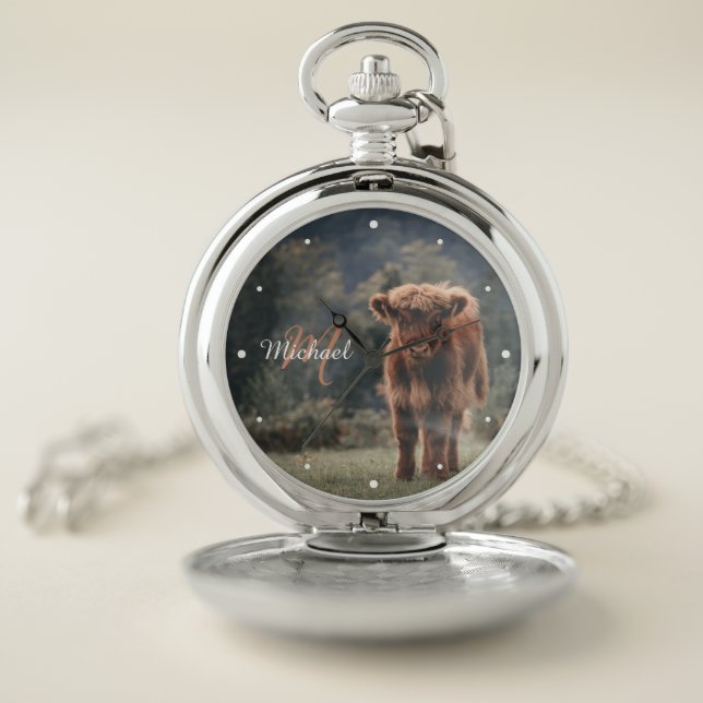 Highland cow calf autumn grass monogram initial pocket watch (Inside)