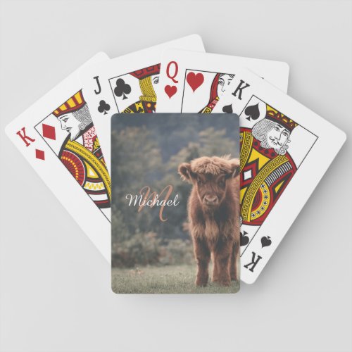 Highland cow calf autumn grass monogram initial poker cards