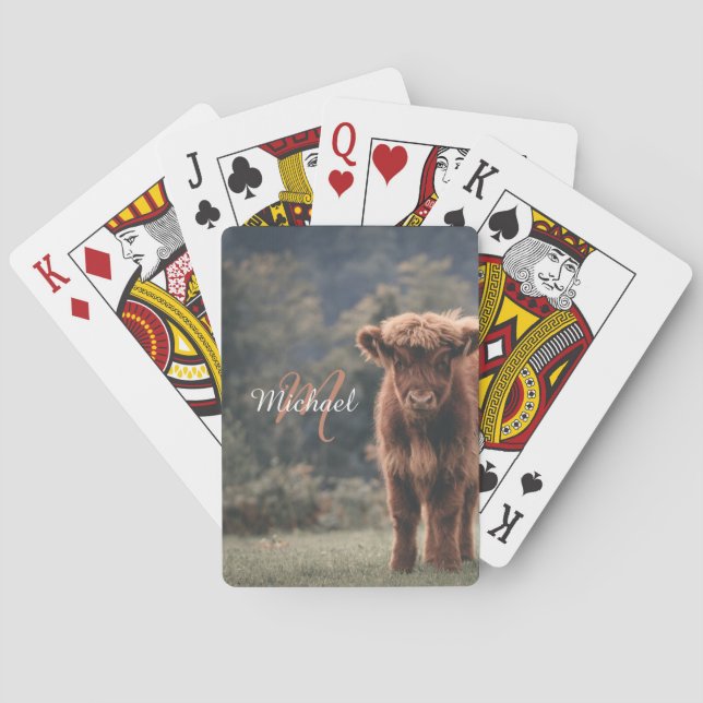 Highland cow calf autumn grass monogram initial poker cards (Back)