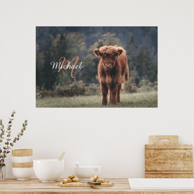 Highland cow calf autumn grass monogram initial poster (Kitchen)
