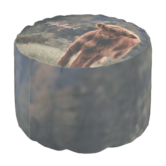 Highland cow calf autumn grass monogram initial pouf (Angled Back)
