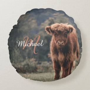 Highland cow calf autumn grass monogram initial round pillow