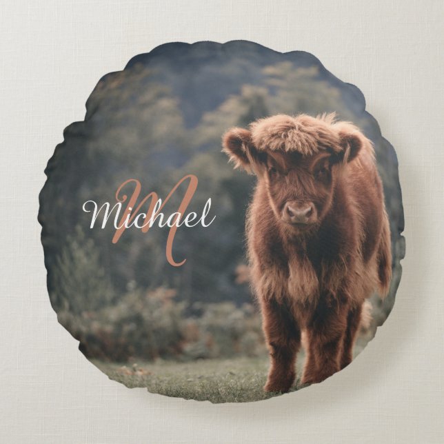 Highland cow calf autumn grass monogram initial round pillow (Front)