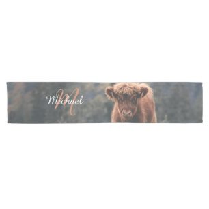 Highland cow calf autumn grass monogram initial short table runner