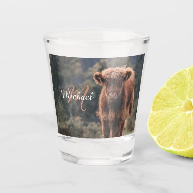 Highland cow calf autumn grass monogram initial shot glass (Front)