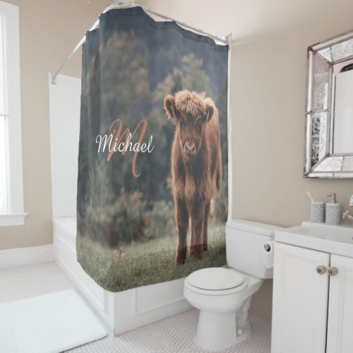 Highland cow calf autumn grass monogram initial shower curtain