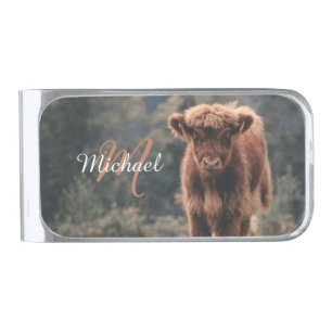 Highland cow calf autumn grass monogram initial silver finish money clip
