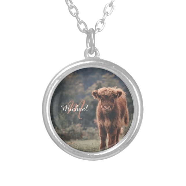 Highland cow calf autumn grass monogram initial silver plated necklace (Front)