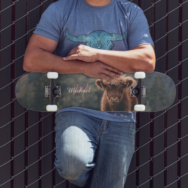 Highland cow calf autumn grass monogram initial skateboard (Outdoor 3)
