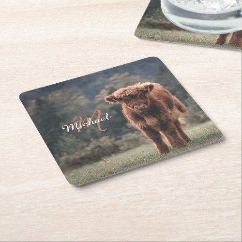 Highland cow calf autumn grass monogram initial square paper coaster