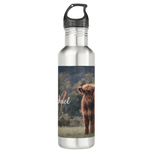 Highland cow calf autumn grass monogram initial stainless steel water bottle