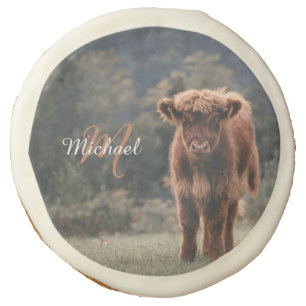 Highland cow calf autumn grass monogram initial sugar cookie
