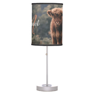 Highland cow calf autumn grass monogram initial table lamp