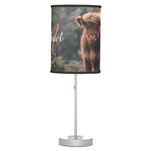Highland cow calf autumn grass monogram initial table lamp (Front)