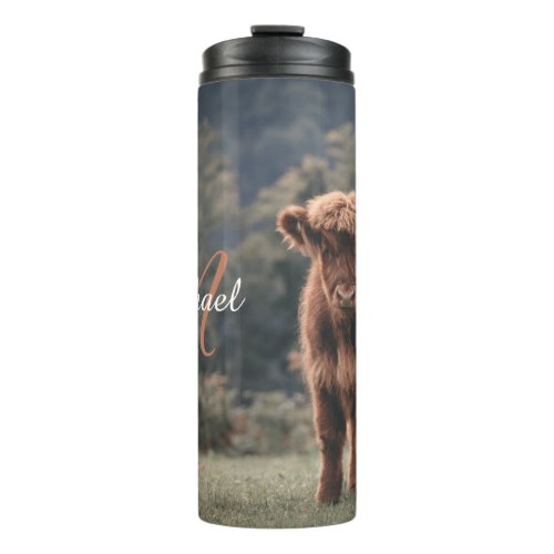 Highland cow calf autumn grass monogram initial thermal tumbler