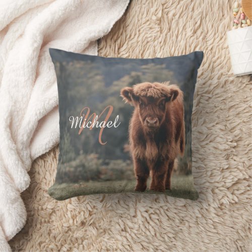 Highland cow calf autumn grass monogram initial throw pillow