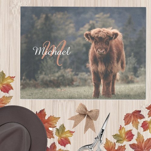 Highland cow calf autumn grass monogram initial tissue paper