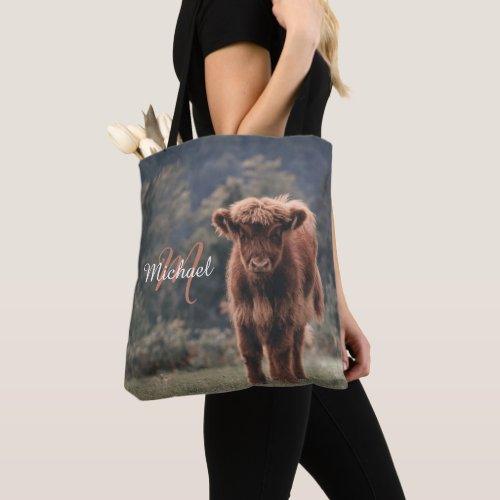 Highland cow calf autumn grass monogram initial tote bag