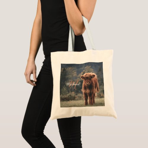 Highland cow calf autumn grass monogram initial tote bag