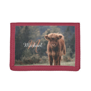 Highland cow calf autumn grass monogram initial tri-fold wallet