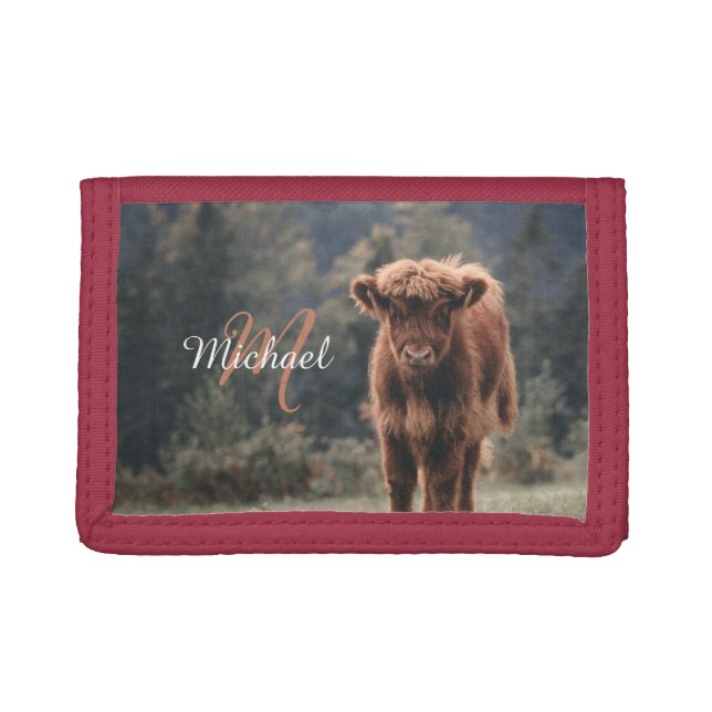Highland cow calf autumn grass monogram initial trifold wallet (Front)