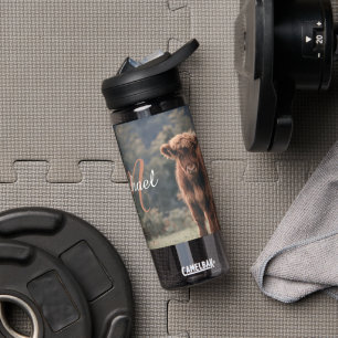 Highland cow calf autumn grass monogram initial water bottle
