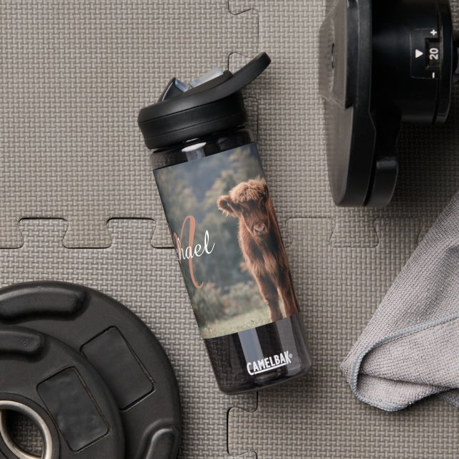 Highland cow calf autumn grass monogram initial water bottle (Gym)