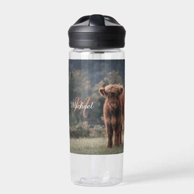 Highland cow calf autumn grass monogram initial water bottle (Front)