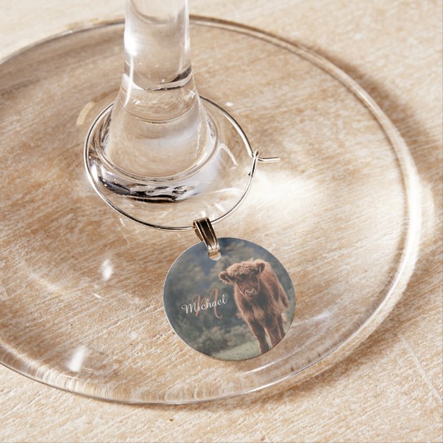 Highland cow calf autumn grass monogram initial wine charm (In Situ)