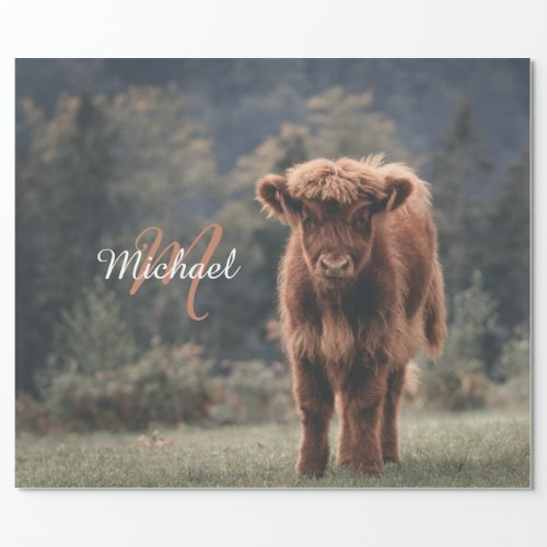 Highland cow calf autumn grass monogram initial wrapping paper
