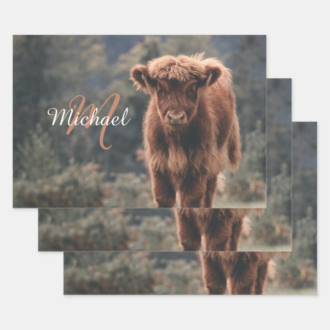 Highland cow calf autumn grass monogram initial wrapping paper sheets (Set)