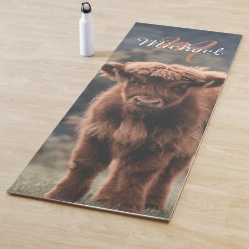 Highland cow calf autumn grass monogram initial yoga mat