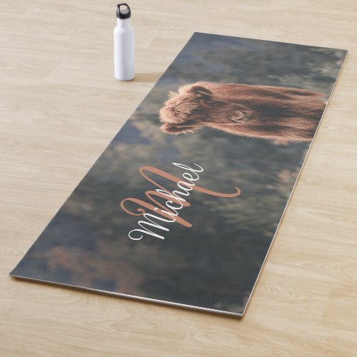 Highland cow calf autumn grass monogram initial yoga mat