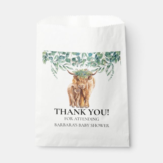 Highland Cow Calf Baby Shower Eucalyptus Thank you Favor Bag (Front)