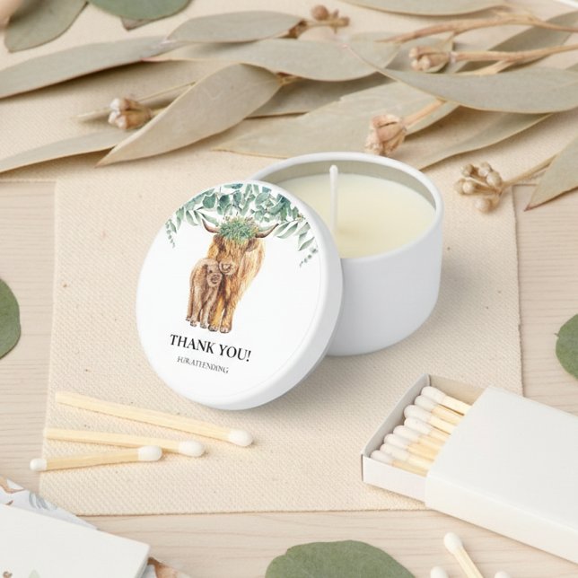 Highland Cow Calf Baby Shower Eucalyptus Thank you Mini Candle Favors (Creator Uploaded)