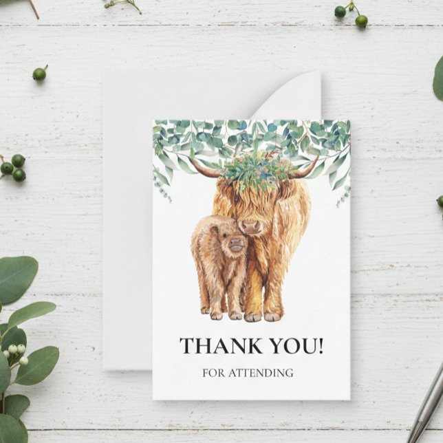 Highland Cow Calf Baby Shower Eucalyptus Thank you Note Card (Creator Uploaded)