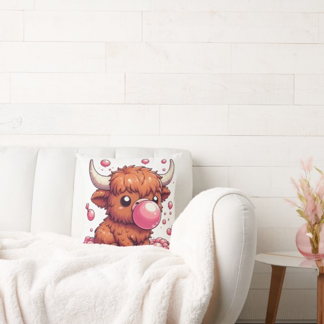 highland cow calf blowing pink bubblegum cushion (Couch)