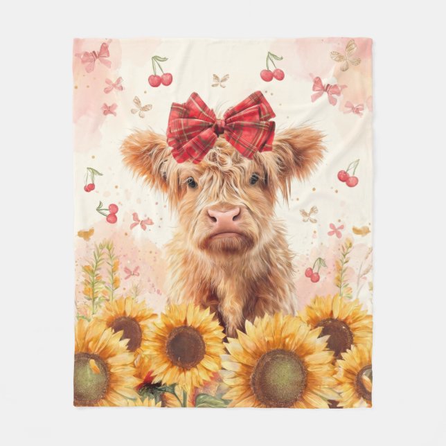 Highland Cow calf Fleece Blanket Sunflower bow (Front)